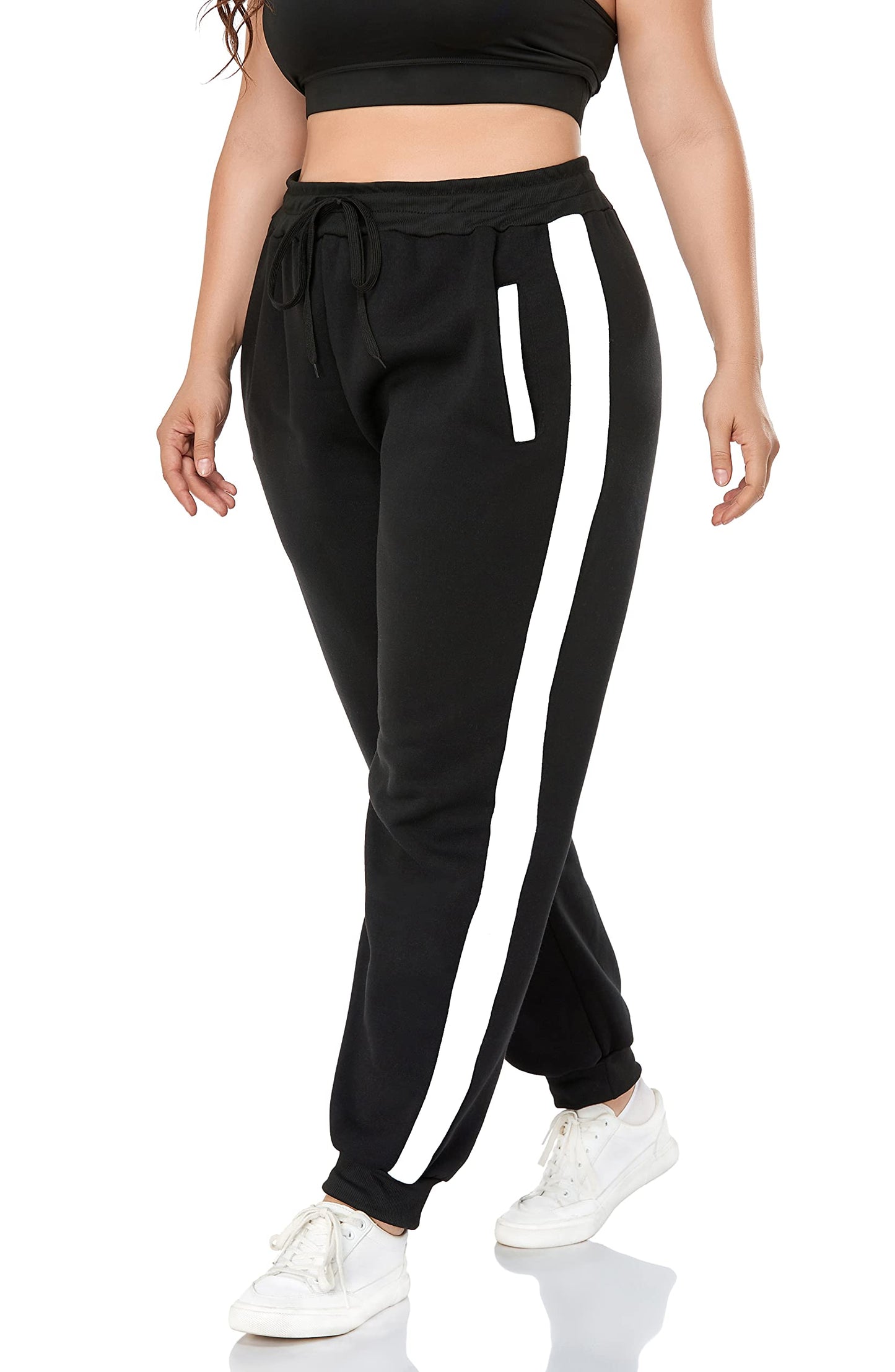 ZERDOCEAN Women's Plus Size Fleece Lined Sweatpants Winter Warm Fleece Joggers Pants Black-White Stripe 4X