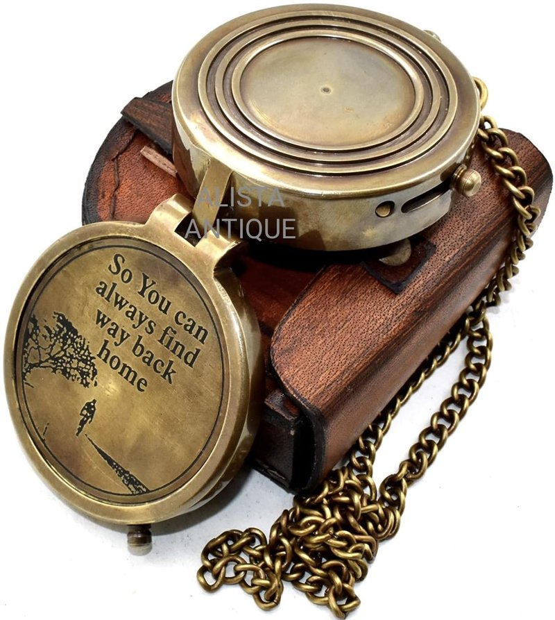 “So You Can Always Find Your Way Back Home” Antique Brass Pocket Compass with Leather Case for Couple | Birthday Gifts | Christmas Day Gift Compass | Hiking Compass
