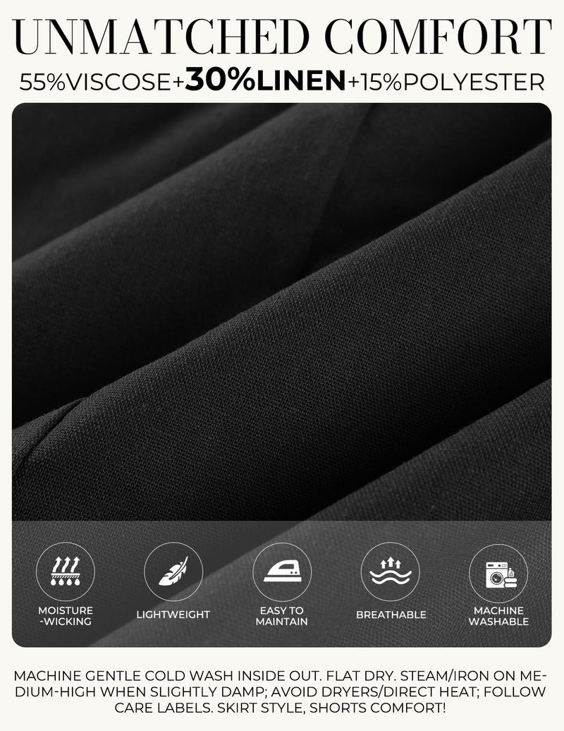 Kate Kasin Women Linen Mini Skirt with Shorts Underneath, High Waisted A Line Skort with Pockets, Dressy Casual Work Skirts Black Skirt