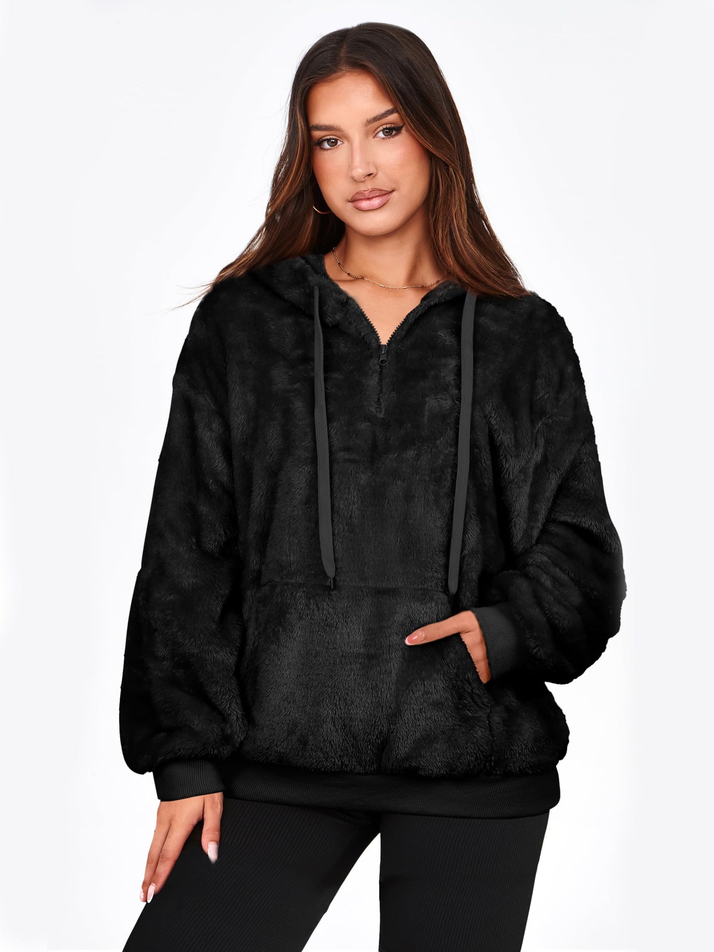 NIeyook Sherpa Fleece Hoodies for Women Fuzzy Oversized Zip up Hoodie with Pockets Casual Pullover Hooded Sweatshirt Black