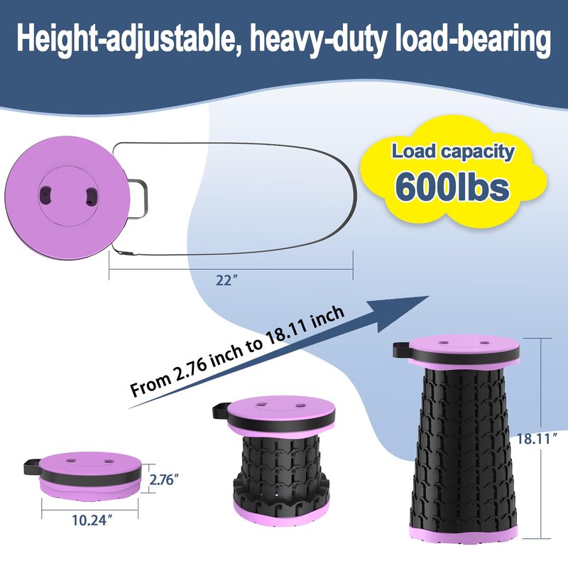 ALEVMOOM 2026 Upgraded 18.1" Collapsible Stool with Cushion & Carry Bag, 600lbs Max Weight Portable Telescoping Stool, More Sturdy Lightweight Retractable Seat Folding Chair for Camping & Outdoors