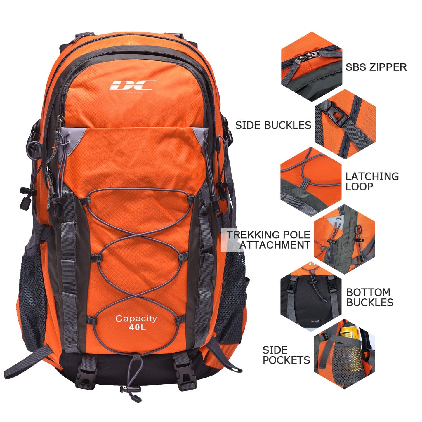 Diamond Candy Waterproof Hiking Backpack for Men and Women, Lightweight Day Pack for Travel Camping, Orange, 40L