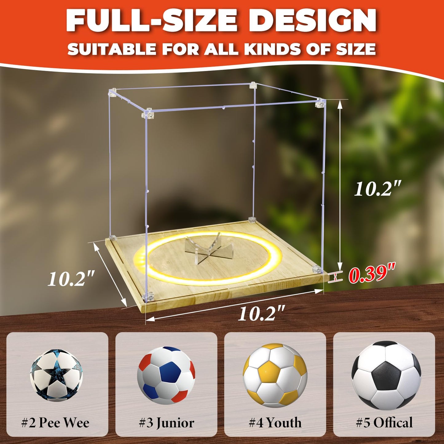 DORYBEN Soccer Display Case with Light,Full Size Acrylic Box with Removable Built-in Ball Display Stand, UV Protected Clear Case for Soccer Fans & Collectors, Sports Collectibles