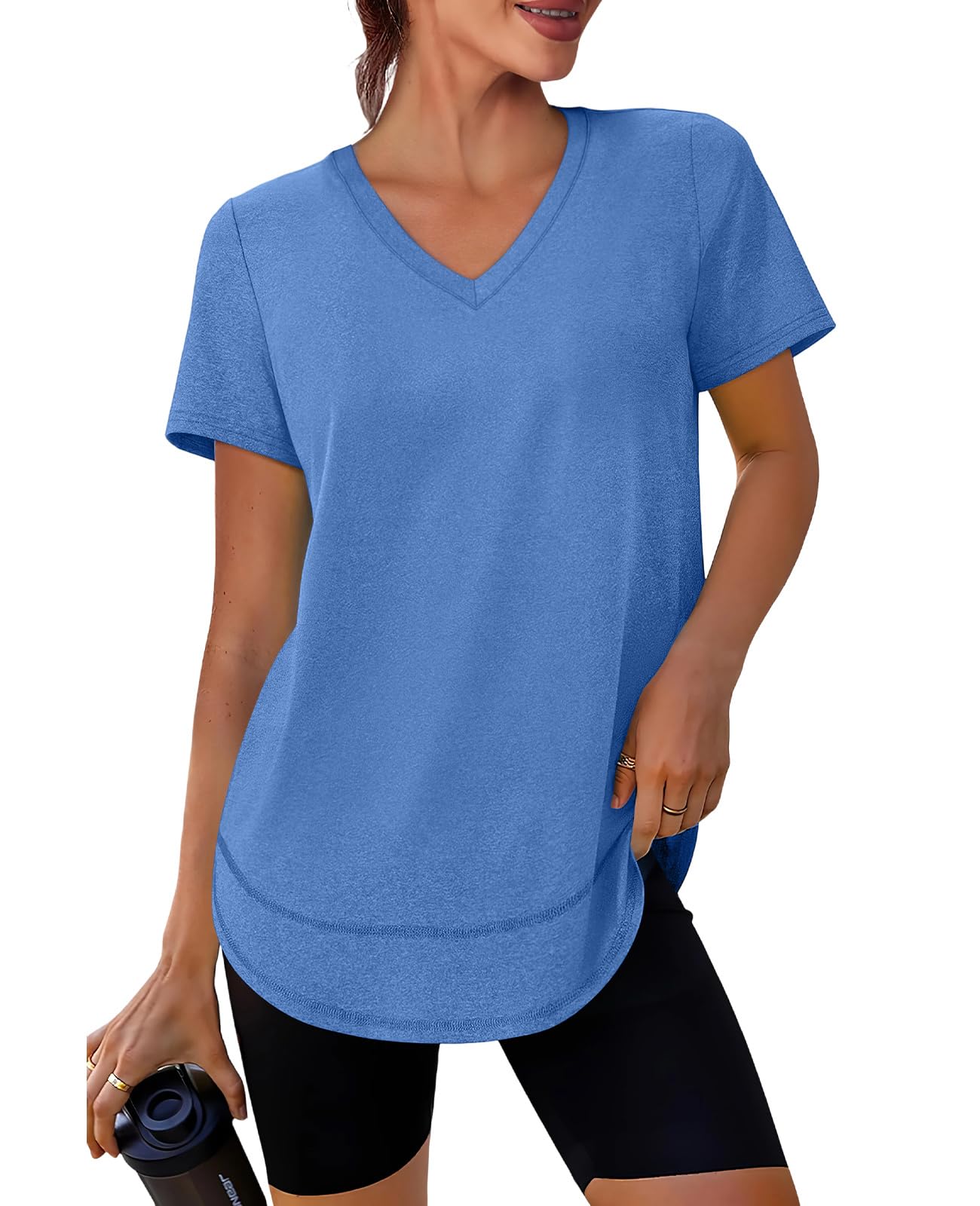 Summer Tops for Women 2026 Short Sleeve Workout Clothes Athletic Shirts Pilates Outfits Camisetas Deportivas para Mujer V Neck Blue L