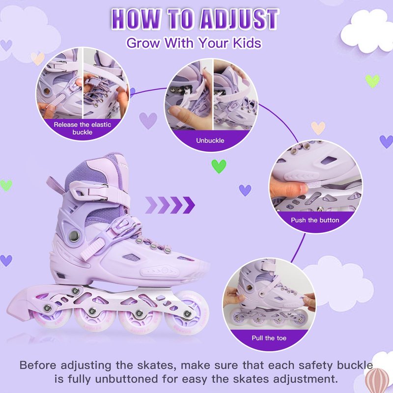 LIRENGUI Kids line Skates, Adjustable Inline Skates for Girls, Girls Inline Skates with All Lighting Wheels, Suit for Outdoor Sport, Macaroon Purple (Medium)
