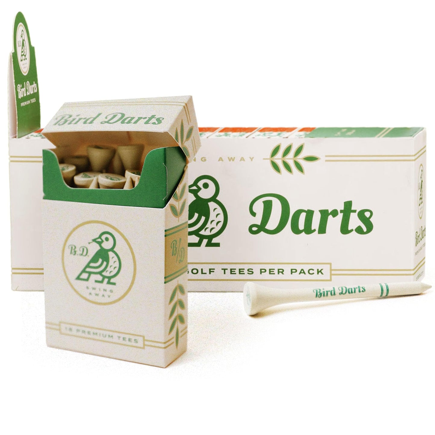 Bird Darts Premium Bamboo Wood Golf Tees, 18/72/180 Units (Packs of 18), 2 ¾ Golf Tees in Cigarette-Style Packaging, Durable, Biodegradable, Golf Tees Wood for Stylish Golfers (180 Units (Pack of 10))