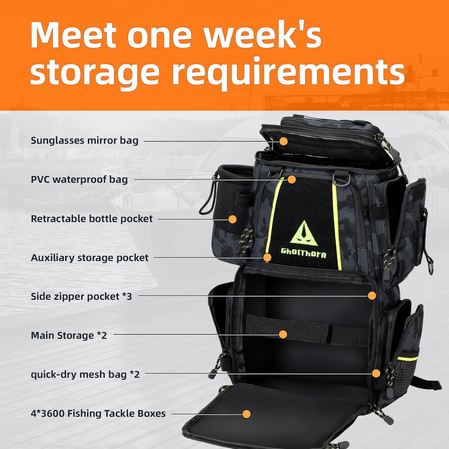Ghosthorn Fishing Tackle Backpack - 43L Waterproof Gear Bag with 4 Tackle Boxes & Rod Holder | Detachable Waist Bag