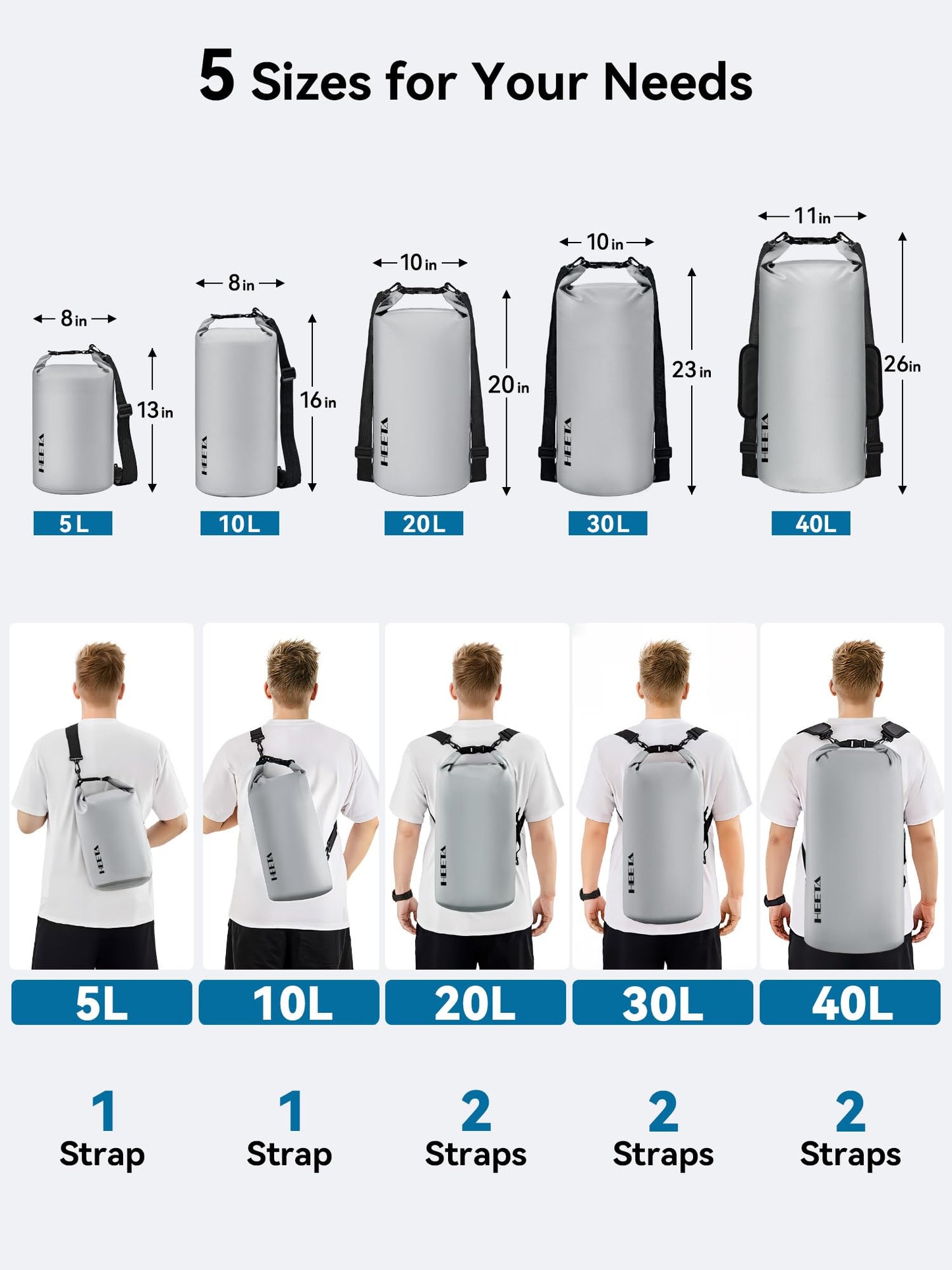 HEETA Waterproof Dry Bag for Women Men, Roll Top Lightweight Dry Storage Bag Backpack with Emergency Whistle for Travel, Kayaking, Boating, Camping, Beach, Cruise Ship Essentials (Light Grey, 10L)