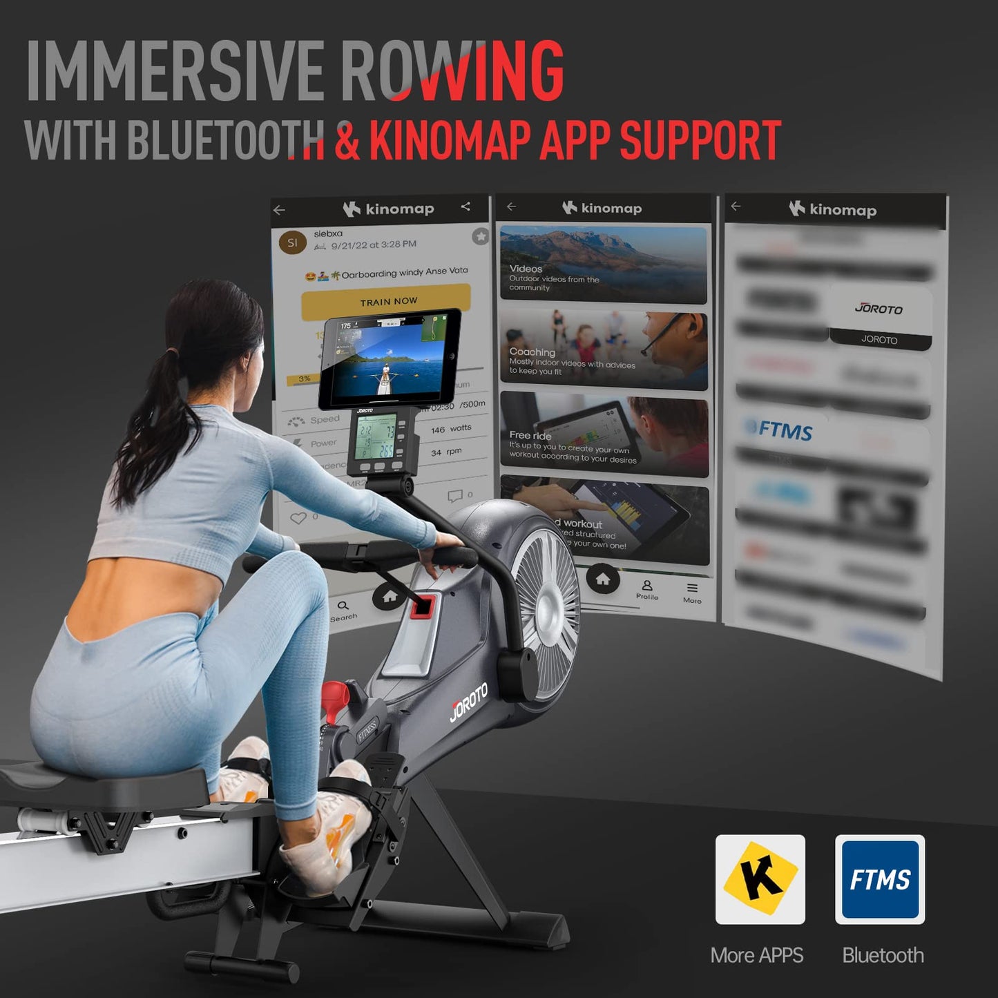 JOROTO Rowing Machine, Air Magnetic Foldable Rowing Machines for Home Use, Rower Machine with 49.5" Rail, Backlit Monitor, Bluetooth, App Supported, Tablet Holder