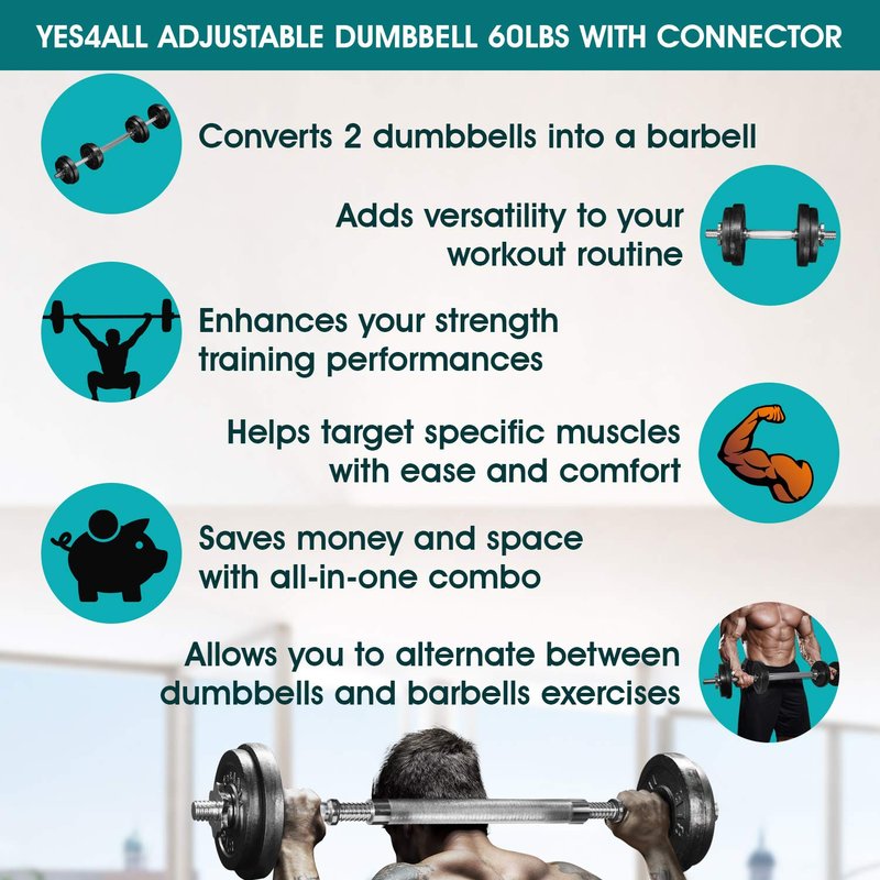 Yes4All Adjustable Dumbbells with Dumbbell Bar Connector – 60 lb Dumbbell Weights (30 lb x 2), Black