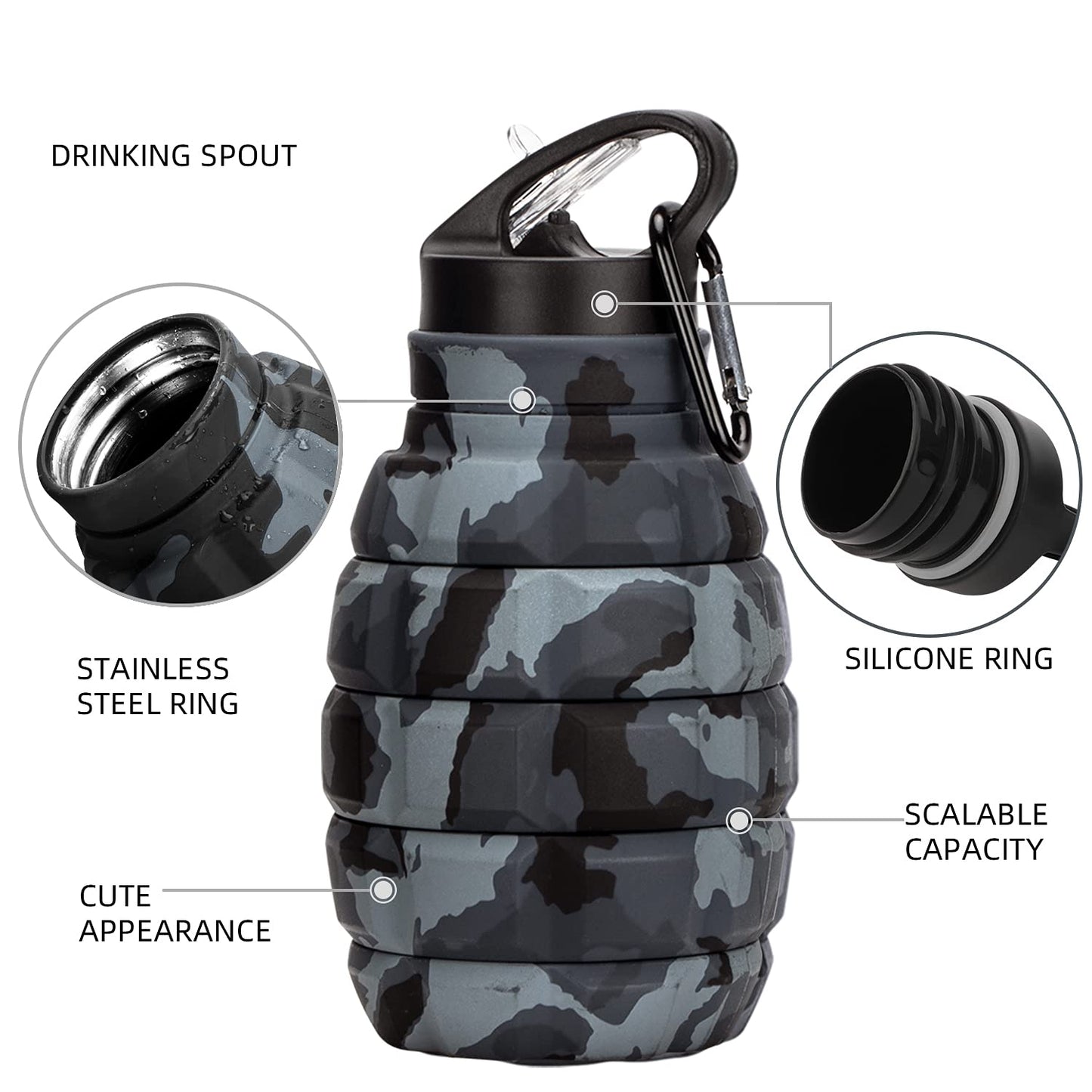 PenghaiYunfei Collapsible Travel Water Bottle18oz, Reuseable Silicone Foldable Water Bottles for Gym Camping Hiking, Portable Leak Proof Sports Water Bottle with Carabiner (Dark gray camouflage cup)