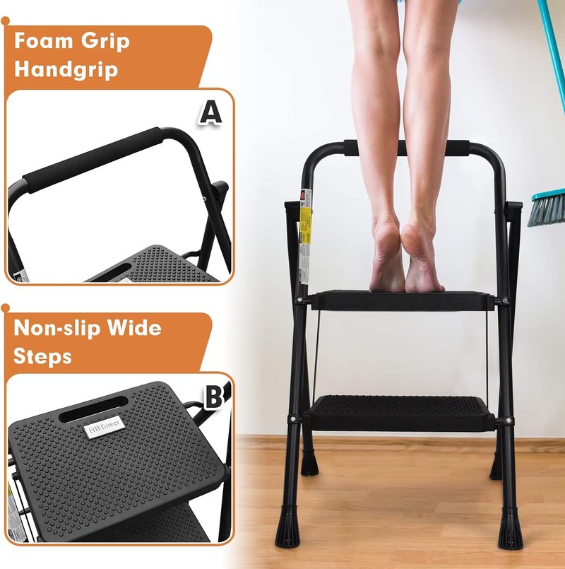 HBTower 2-Step Ladder - 500 lbs Capacity Folding Step Stool with Anti-Slip Pedals & Convenient Handgrip | Lightweight Black Design