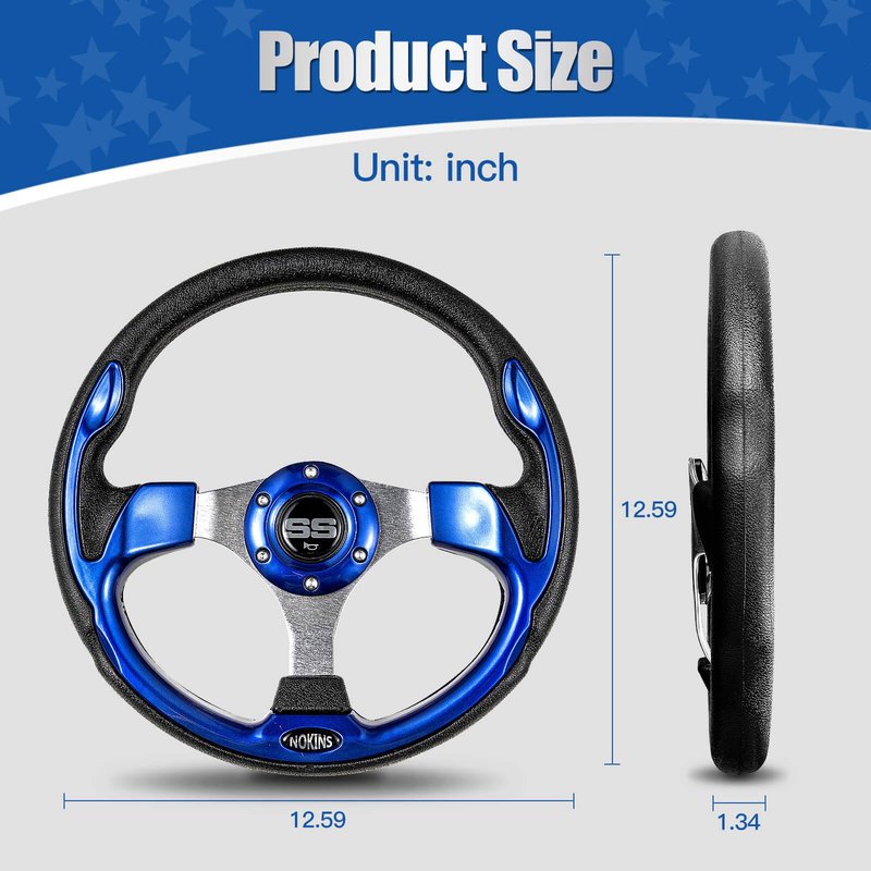 NOKINS 12.5" Universal Golf Cart Steering Wheel, Fit EZGO TXT/RXV/Club Car DS/Precedent/Yamaha, Most Golf Carts (Blue)
