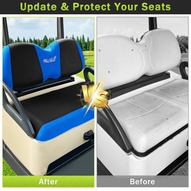 WEIMELL Golf Cart Seat Covers Fit for Club Car Precedent Club Car Tempo Yamaha G29 Front Seat Covers Stretchy Breathable Washable Regular Cushions Cover No Nails Required Easy to Install Black & Blue