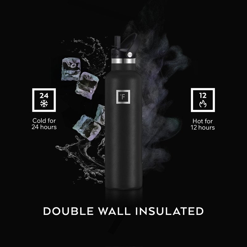 IRON °FLASK Camping & Hiking Hydration Flask with Straw, Narrow Mouth Insulated Stainless Steel Sports Water Bottle - Dark Pine 24 oz - Straw (1 Lid)