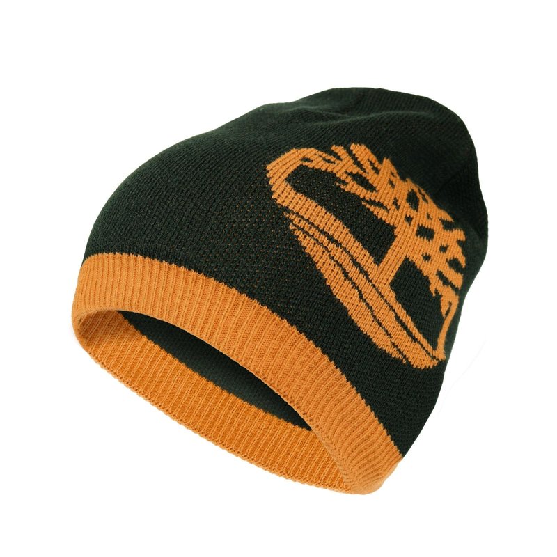 Timberland Men’s Logo Pull-On Beanie - Soft Ribbed Knit Winter Hat, Jacquard Tree Design, Warm Stretch Fit for Cold Weather, Leaf Green, One Size