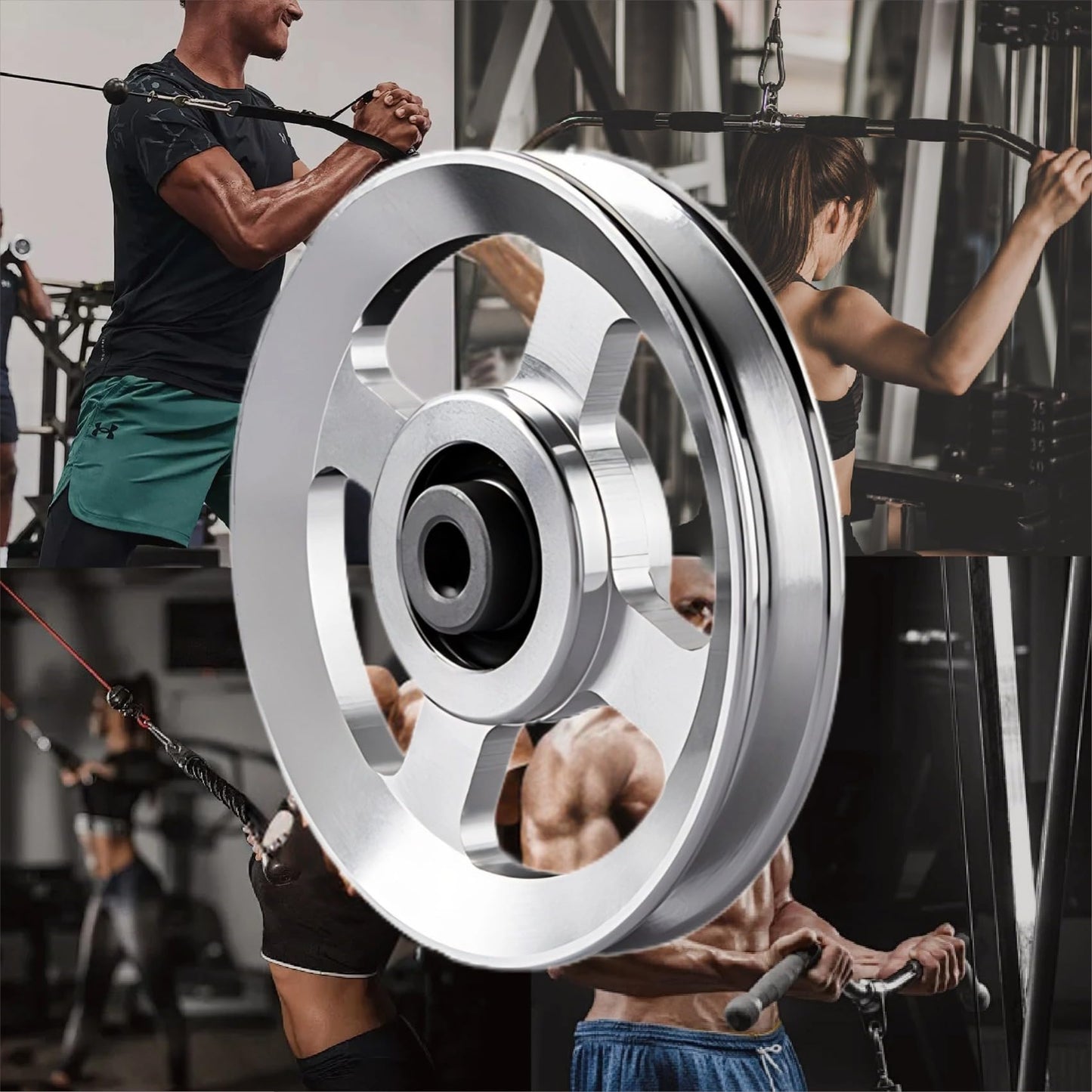 Gueiddi Aluminum Pulley for Home Gym, Load Capacity Sealed Bearing Pulley System, Quiet & Smooth Replacement Gym Pulley Wheel for Cable Machine, LAT Pulldown, Weight Equipment (1, Silver, 114-115mm)