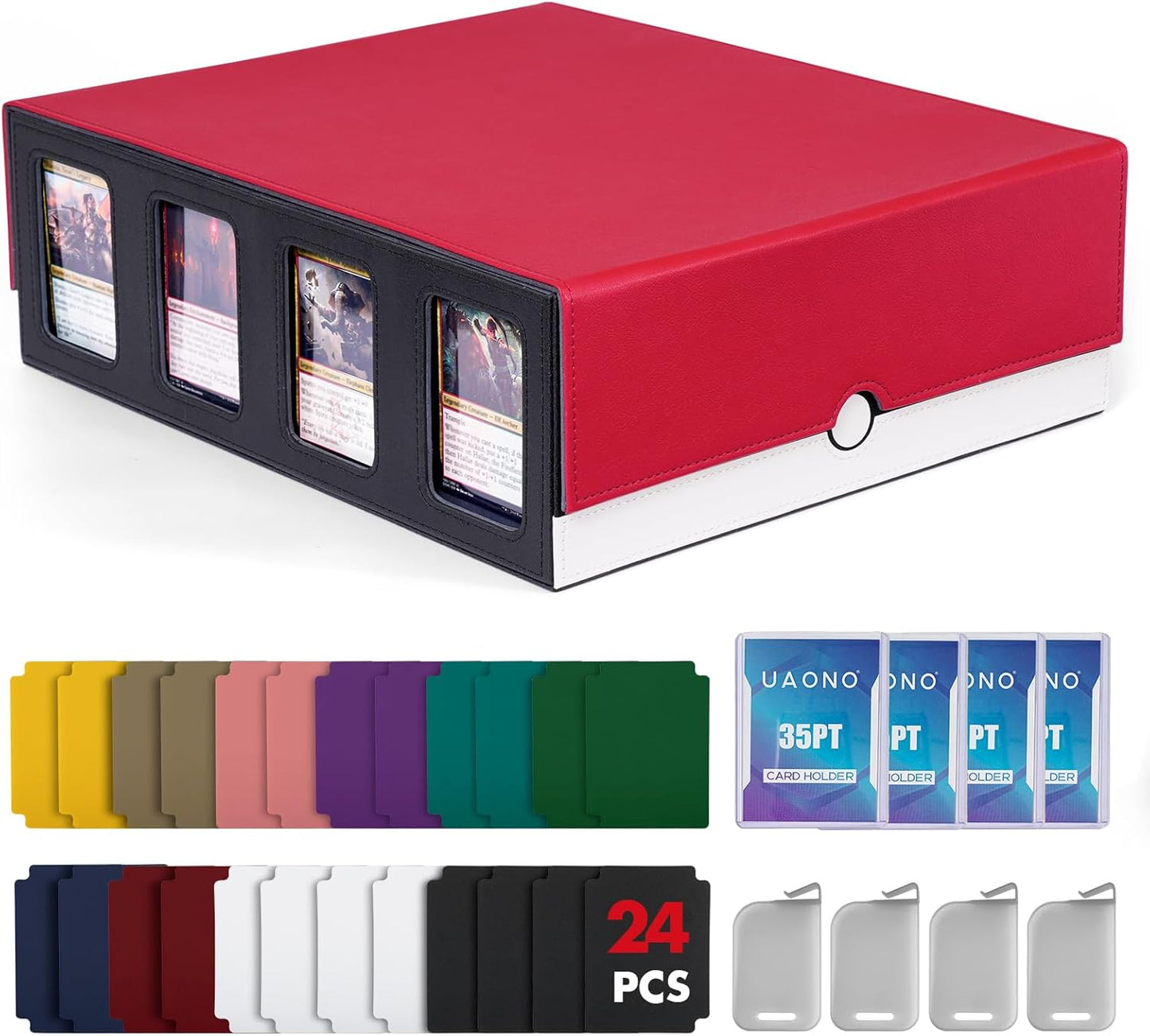 Trading Card Storage Box - 2400+ Deck Case for MTG | Removable Cover, 24 Dividers, Red & White