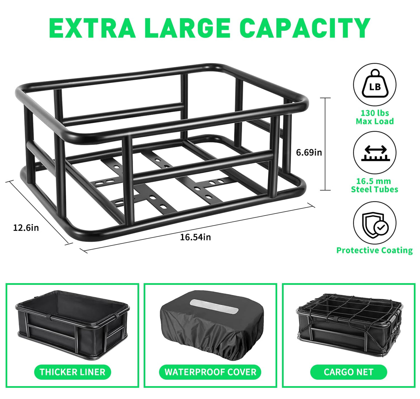 Lambolt Rear Rack Bike Basket for E-Bikes & Bikes - Heavy-Duty Bicycle Basket with Waterproof Liner, Cargo Net & Rain Cover - Great for Groceries, Dogs, Pets & Daily Commutes