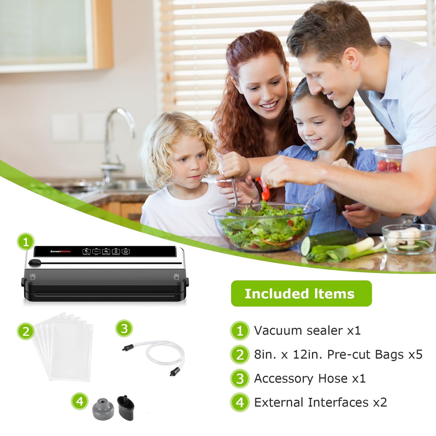 Bonsenkitchen Vacuum Sealer Machine, Built-in Cutter | Multifunctional Food Sealer for Sous Vide & Meal Prep, 5 Pre-Cut Bags, Black