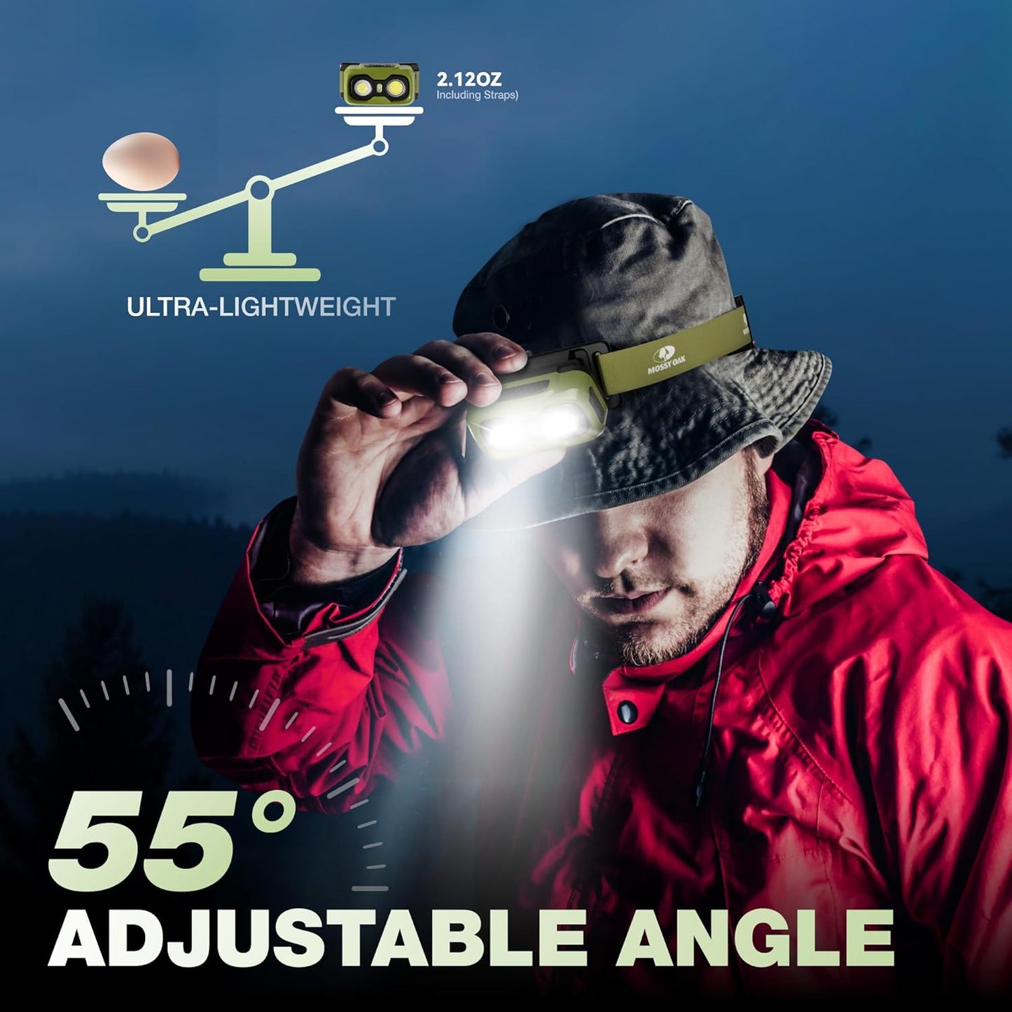 Mossy Oak Rechargeable 600 Lumens LED Headlamp - Lightweight, Waterproof, Dimmable | Ideal for Hunting & Camping