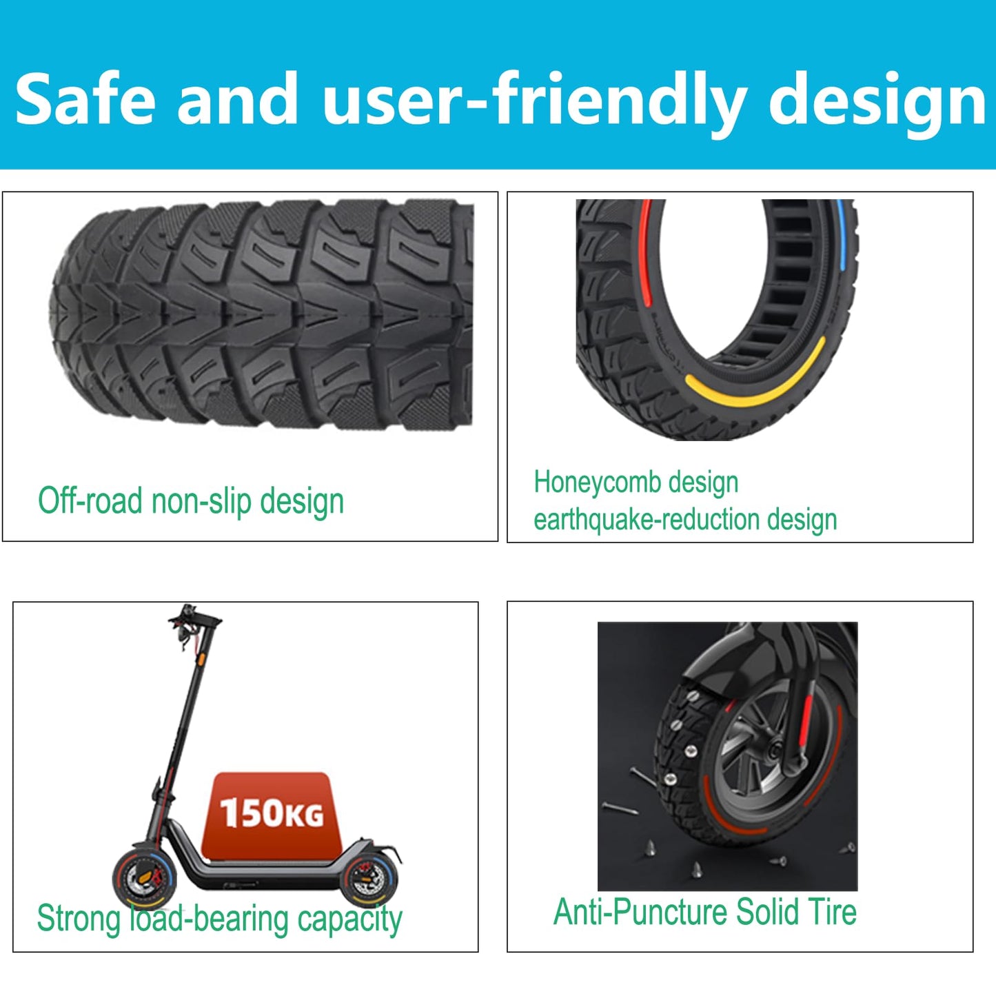 TOCBEUU 9.5x2.5-6.1 Solid Tires for Electric Scooter, Off-Road Replacement Wheels, Tubeless Rubber Tyre for NIU KQi3 Pro/Max/Sport Electric Scooter- Black(2PCS)