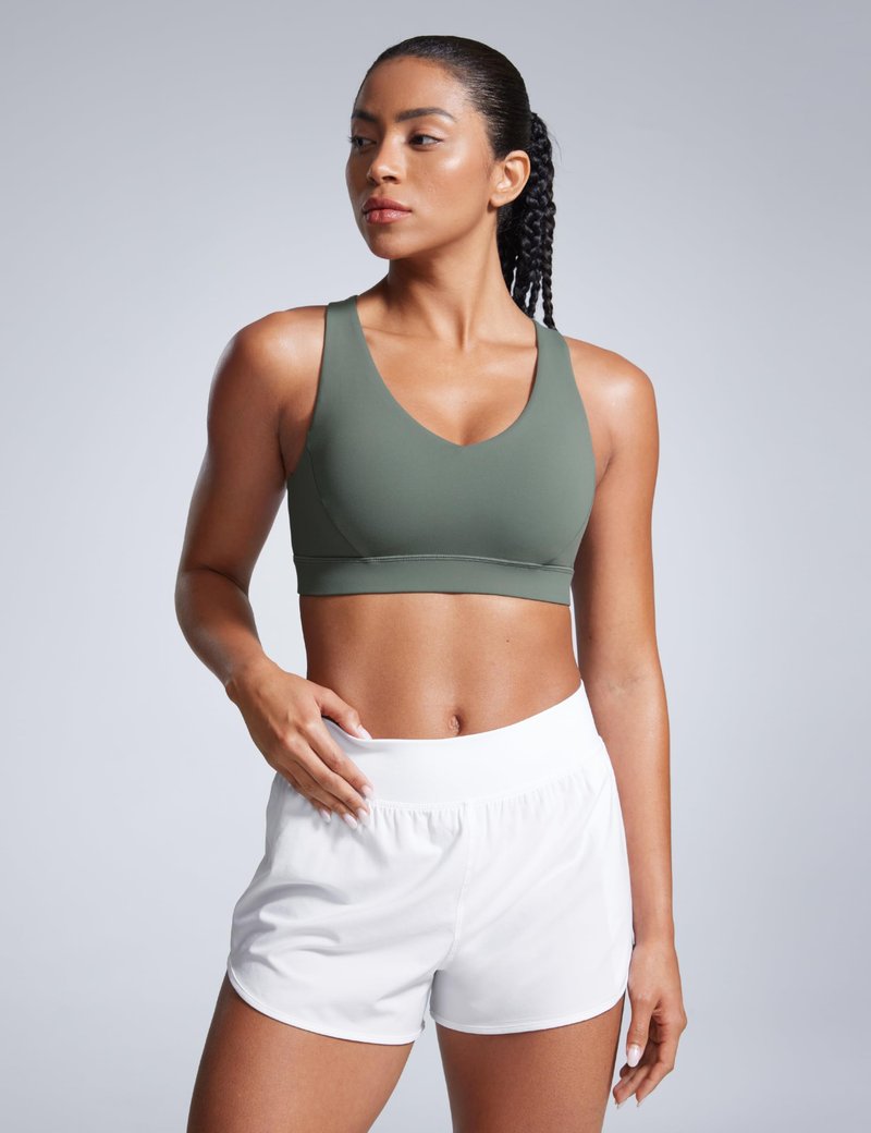 CRZ YOGA Butterbreeze Criss Cross Back Sports Bras for Women - V Neck Adjustable Straps Padded Workout Training Crop Top Grey Sage Medium