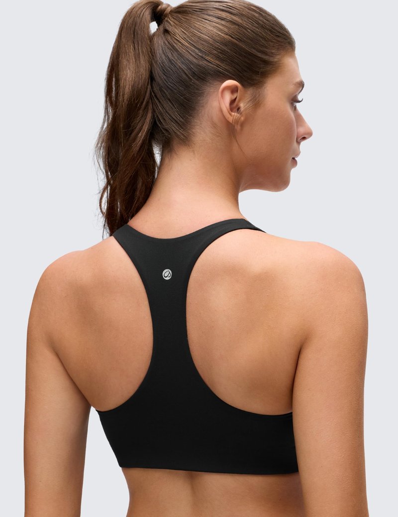 CRZ YOGA Butterluxe Racerback Sports Bras for Women - V Neck Supportive Padded Wireless Athletic Yoga Crop Top Black Medium