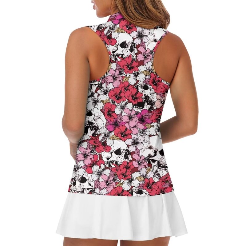 TOADDITDO Skull Golf Shirts for Women 1/4 Zip Sleeveless Sports T-Shirt Floral Quick Dry Tennis Tank Tops Summer Activewear with Collar
