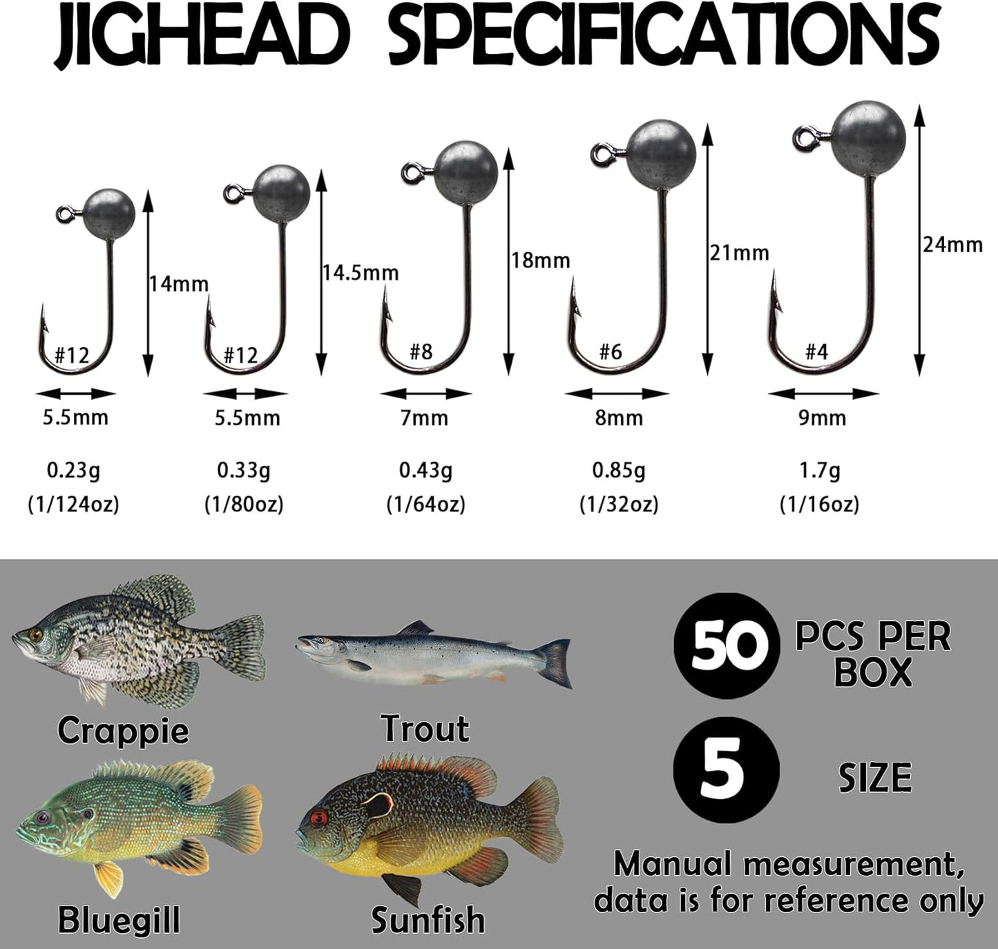 Fly Tying Jig Heads Kit - 50pcs Jig Hooks for DIY Lure Making | Black, White, Orange, Pink, Chartreuse - Sizes #12 to #2
