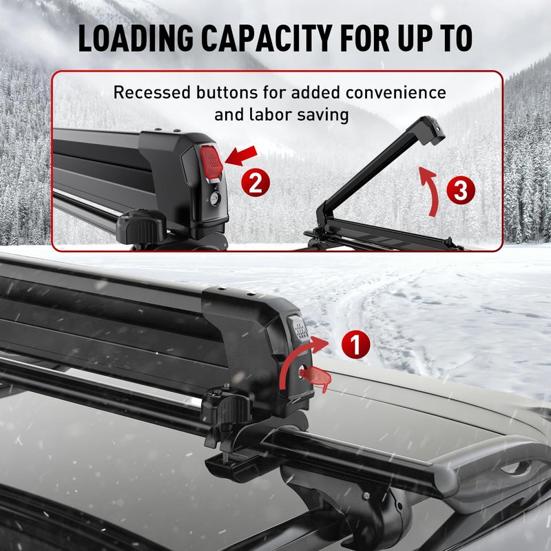 CRINDAR Ski & Snowboard Rack for Car Roof, Fishing Rod Rack, 27.5'' Loading Width Fits 6 Pairs of Skis or 4 Snowboards, Aluminum Roof Rack with Lock & Rubber Padding