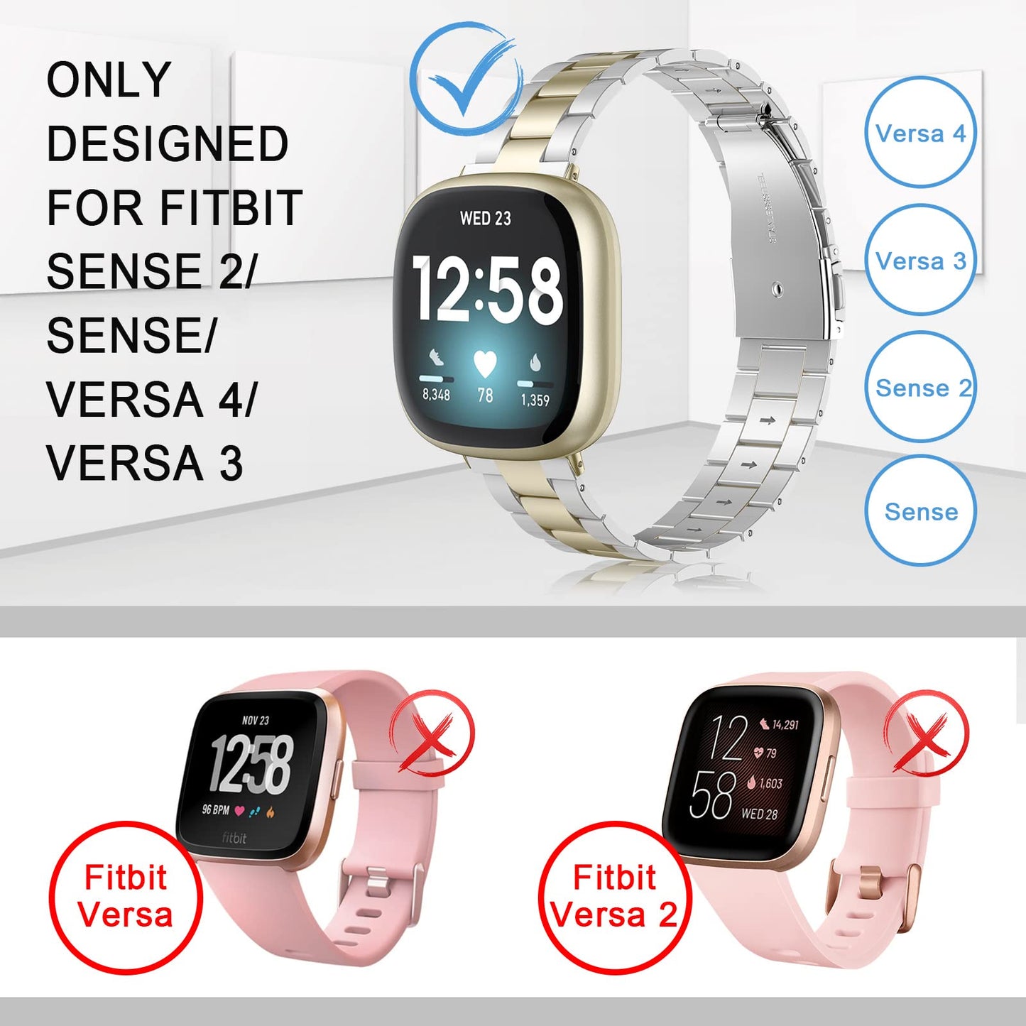 Wearlizer Compatible with Fitbit Versa 4/3 Bands/Fitbit Sense Bands for Women Men, Stainless Steel Ultra-Thin Lightweight Metal Replacement Strap for Versa 4/Sense (Soft Gold+Silver)