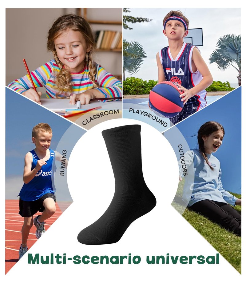 BAMBOO COOL Kids Crew Socks Boys Girls Bamboo Uniform Breathable Moisture-Wicking Dress Socks Solid Black White 8 Pack