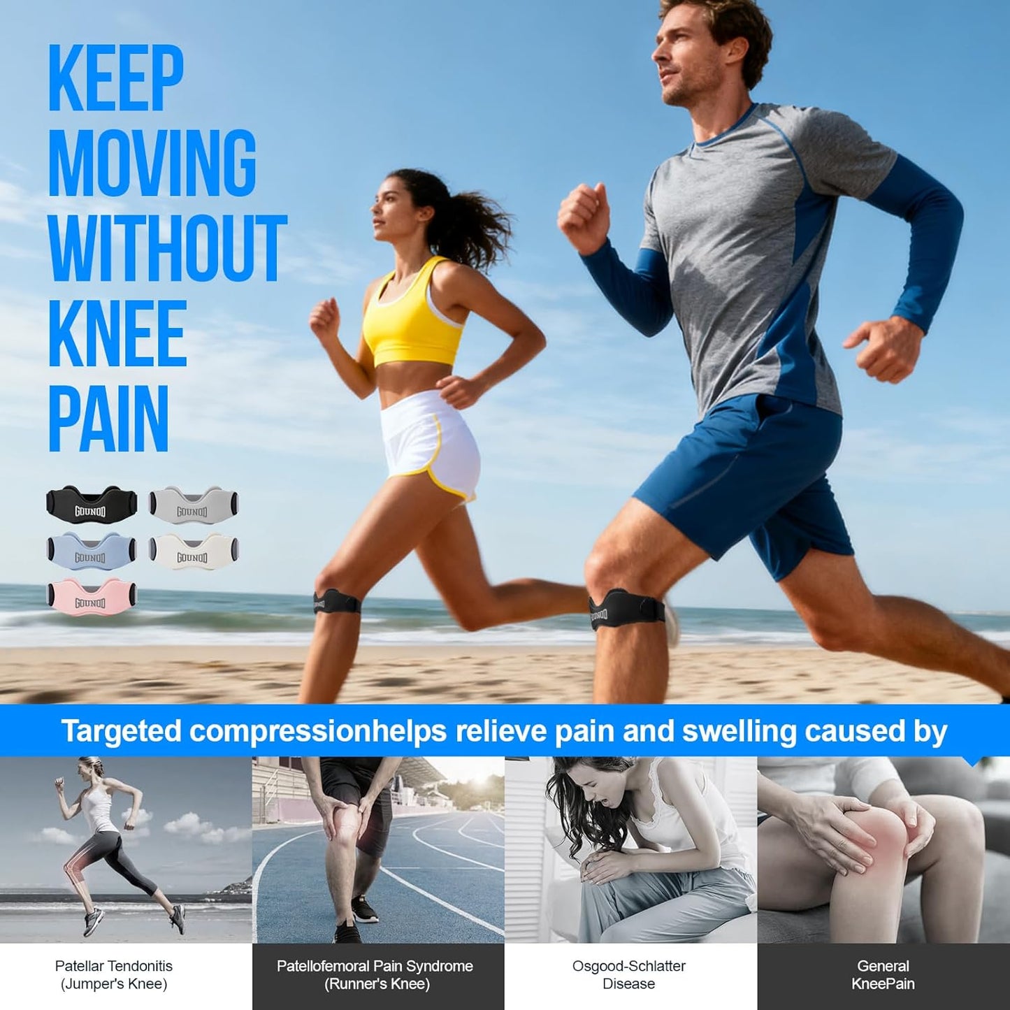 Patellar Tendon Support Strap - Silicone Knee Brace for Pain Relief | 2 Pack, Black for Sports & Activities