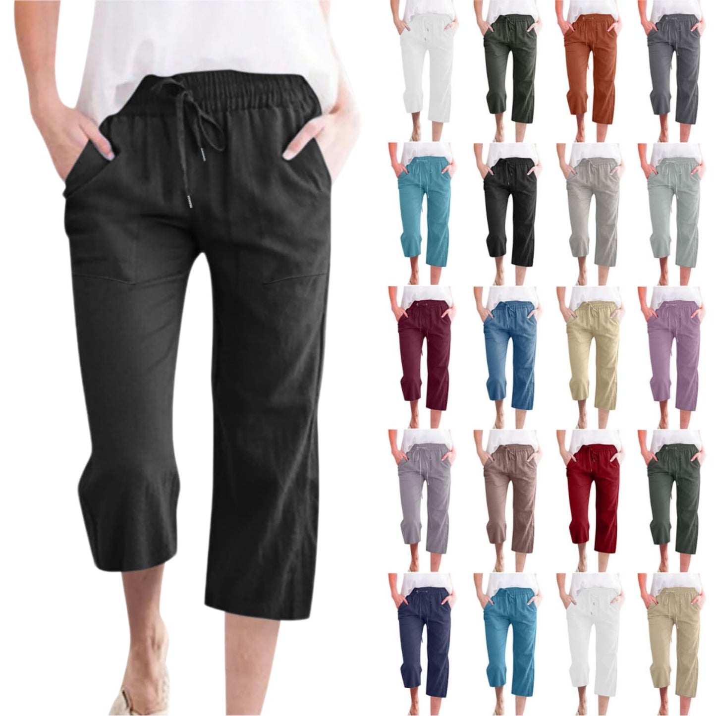 LRMQS Capsule Wardrobe for Women 2026 Linen Clothes Capris Pants for Women Cotton Linen Casual Summer 2025 Straight Wide Leg Loose Drawstring Elastic Waist Cropped Trouser