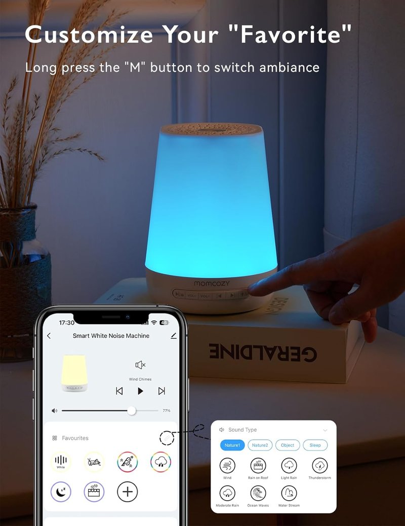 Baby Sound Machine - Momcozy White Noise Machine for Soothing Sleep | 34 Sounds, Night Light, App Control (Blue)