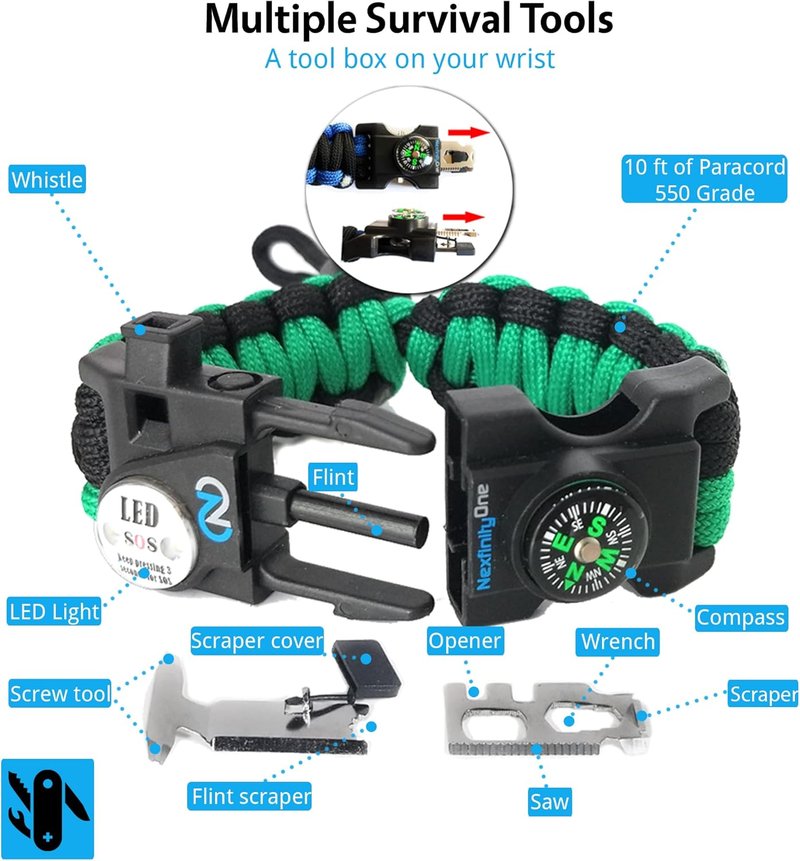 Survival Paracord Bracelet Set - 550 Grade with SOS LED Light, Fire Starter, Compass & Whistle | Adjustable for Men & Women