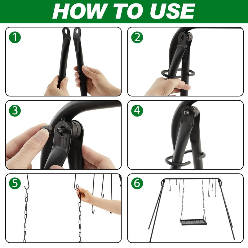 Rossesay Campfire Swing Grill Stand Adjustable Campfire Cooking Equipment Camping Accessories Cookware Hanging Rack with 8 Hooks and Portable Grill Stand for BBQ Picnic Outdoor Party(Normal Tray)