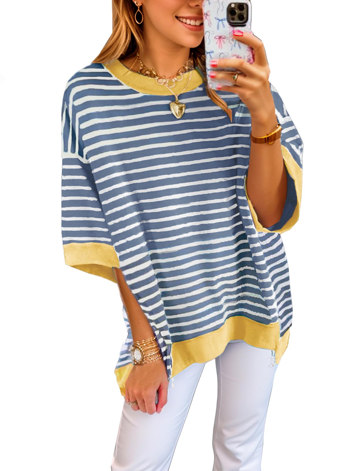XINWEIZZ Oversized T Shirts for Women Casual Short Sleeve Striped Knit Shirt Crewneck Sweatshirts High Low Loose Blouse Tops