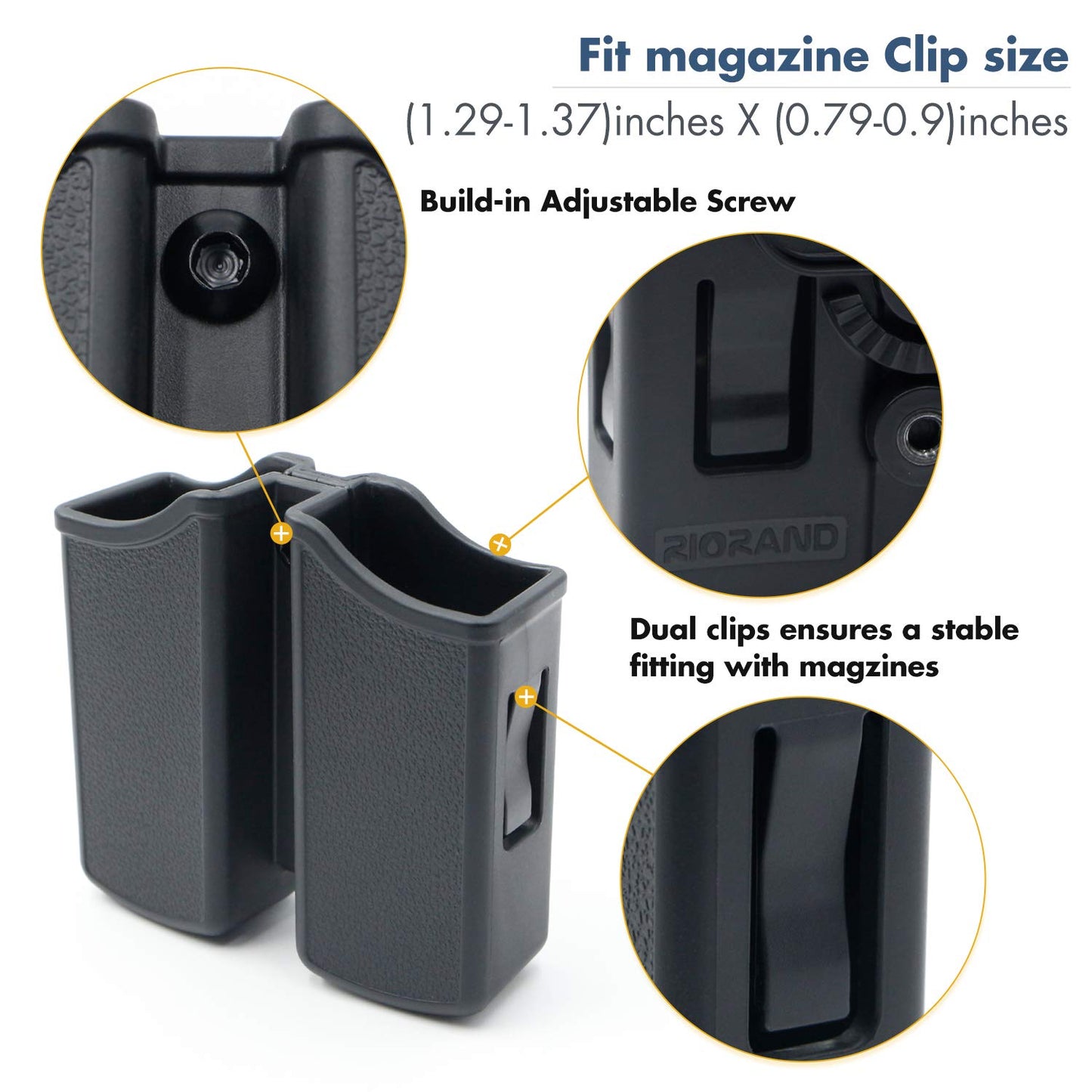 RioRand Magazine Pouch Double Magazine Holster Universal 9mm .40 Caliber Stack with 1.5-2 Inches Belt Clip Compatible with Most Pistol Clips