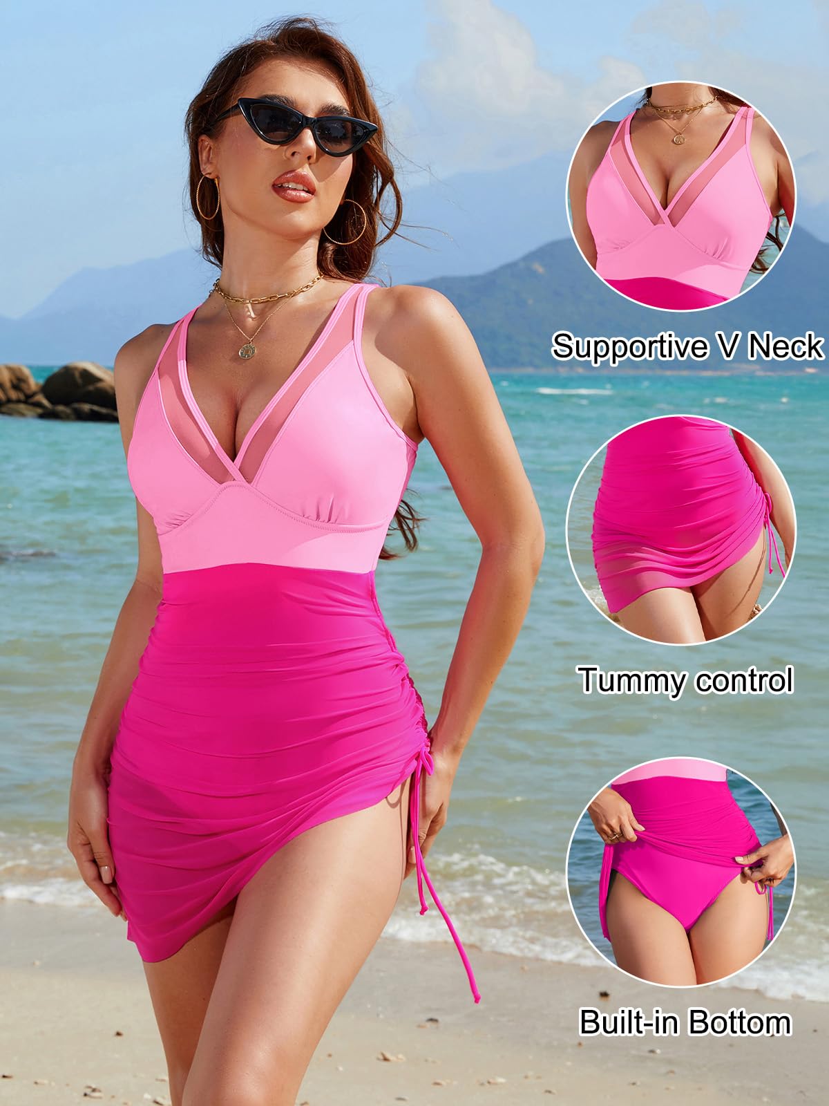 Blooming Jelly Women One Piece Swim Dress Tummy Control Swimsuits Slimming Mesh Sheer Bathing Suit (L, Pink/Hot Pink)