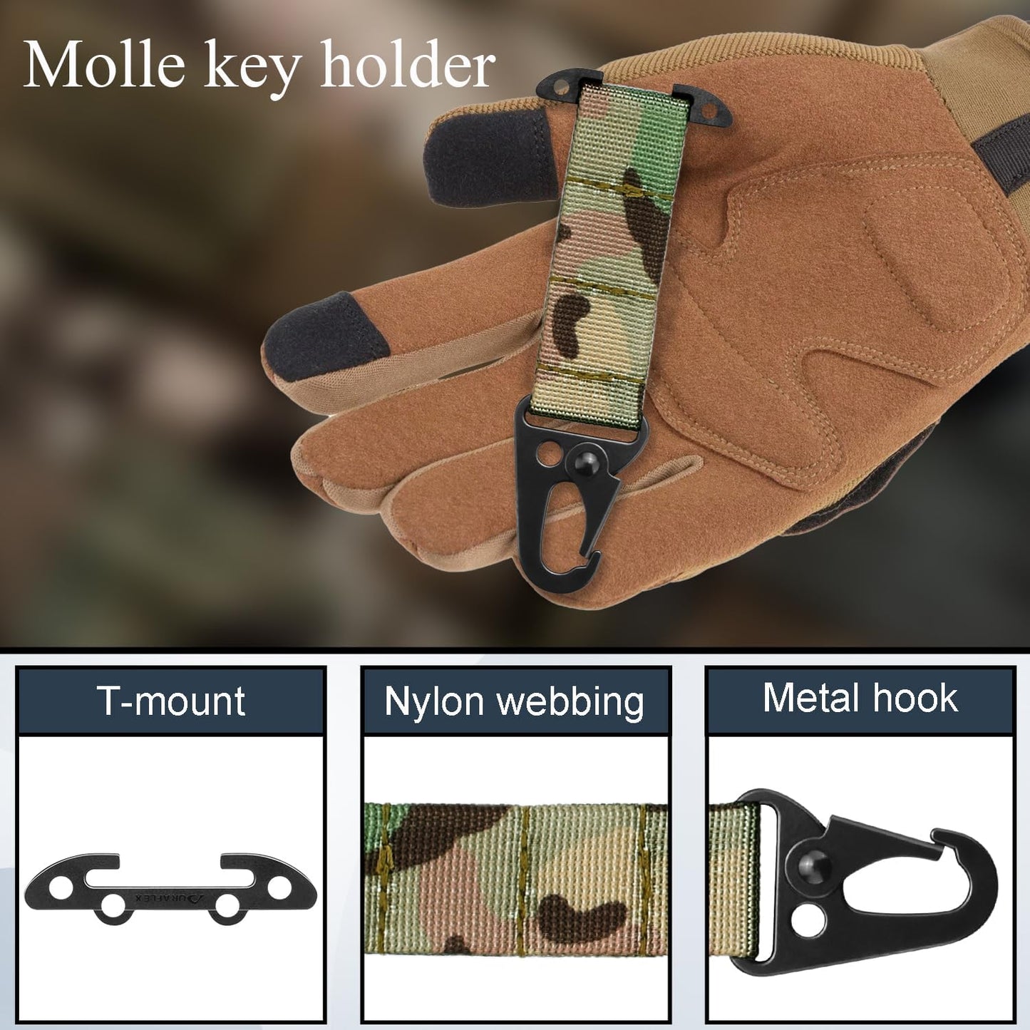 Tactical Molle Clips - 2 Pack T-Mount Key Holder Carabiner Clip for Keys & Gloves