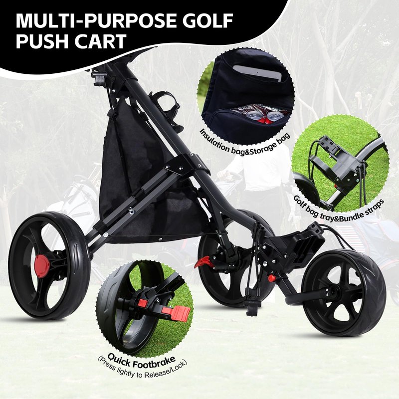 Lakehood 3 Wheel Golf Push Cart & Golf Bag Cart - Easy Fold/Unfold, Smooth Golf Push Pull Cart, One-Tap Brake, Push Golf cart Perfect for Golf Enthusiasts & Professionals (Black)
