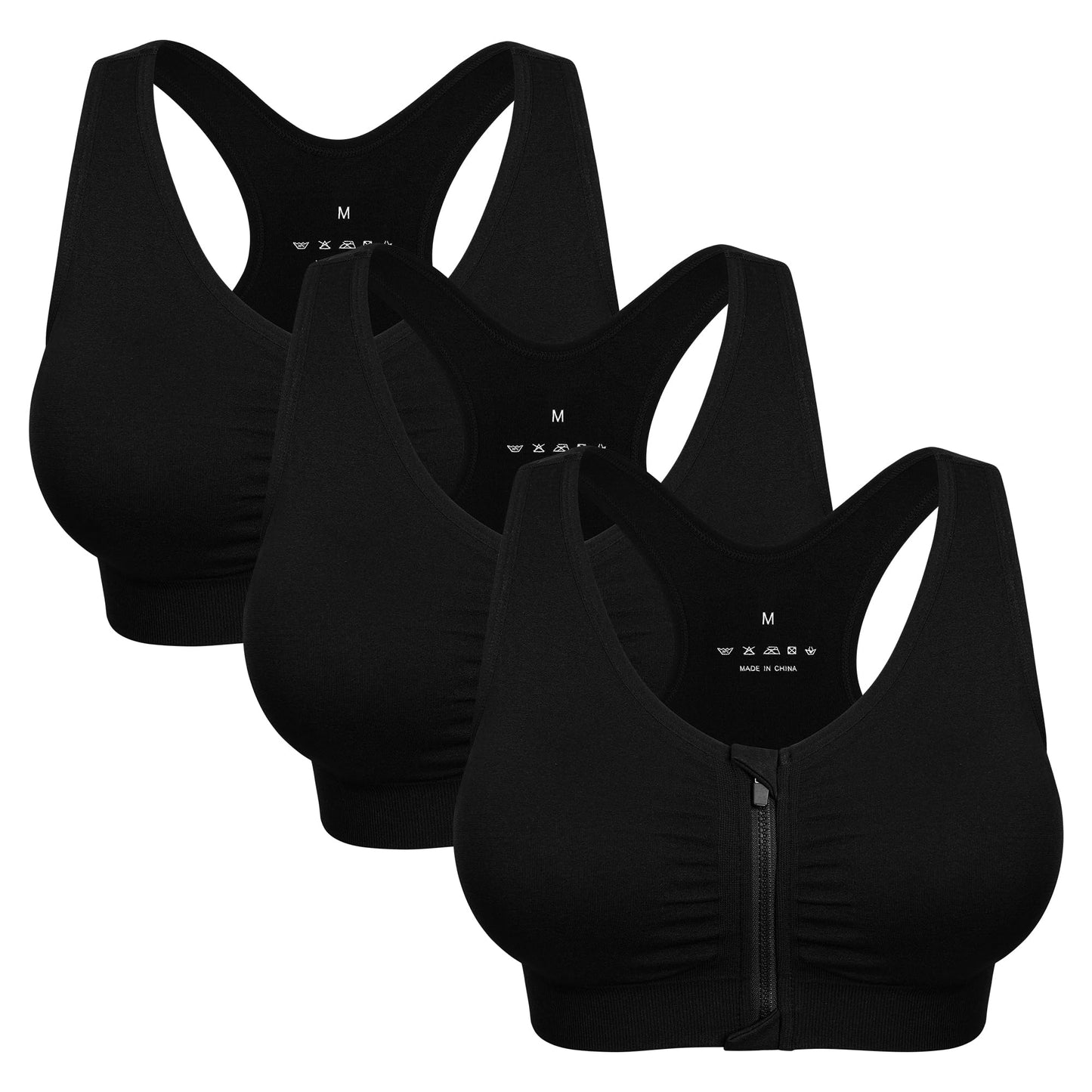 Women's Zip Front Sports Bra Wireless Post-Surgery Bra Padded Surgical Bra Front Closure Comfortable Racerback Yoga Workout Compression Sport Bras Multipack Zipper Up Bras (XXX-Large, 3 Pack Black)