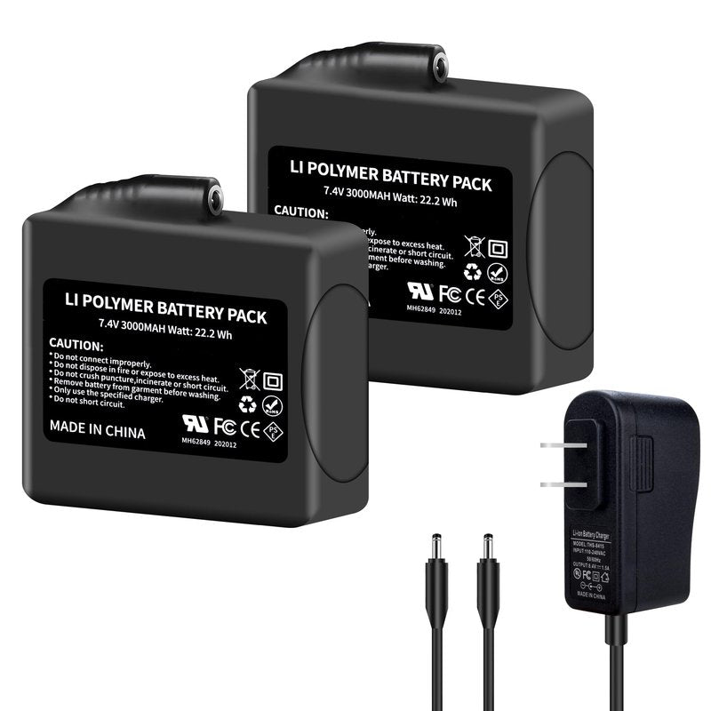 2Pack 3000mAh Lithium-ion Battery Pack for Heated Gloves, Socks, Hats, Mittens, Vest, Jacket, Hand Muff, Boots, Hat, Knee Braces Suit battery Pack Upgraded Version 7.4V 3000mAh Battery Rechargeable