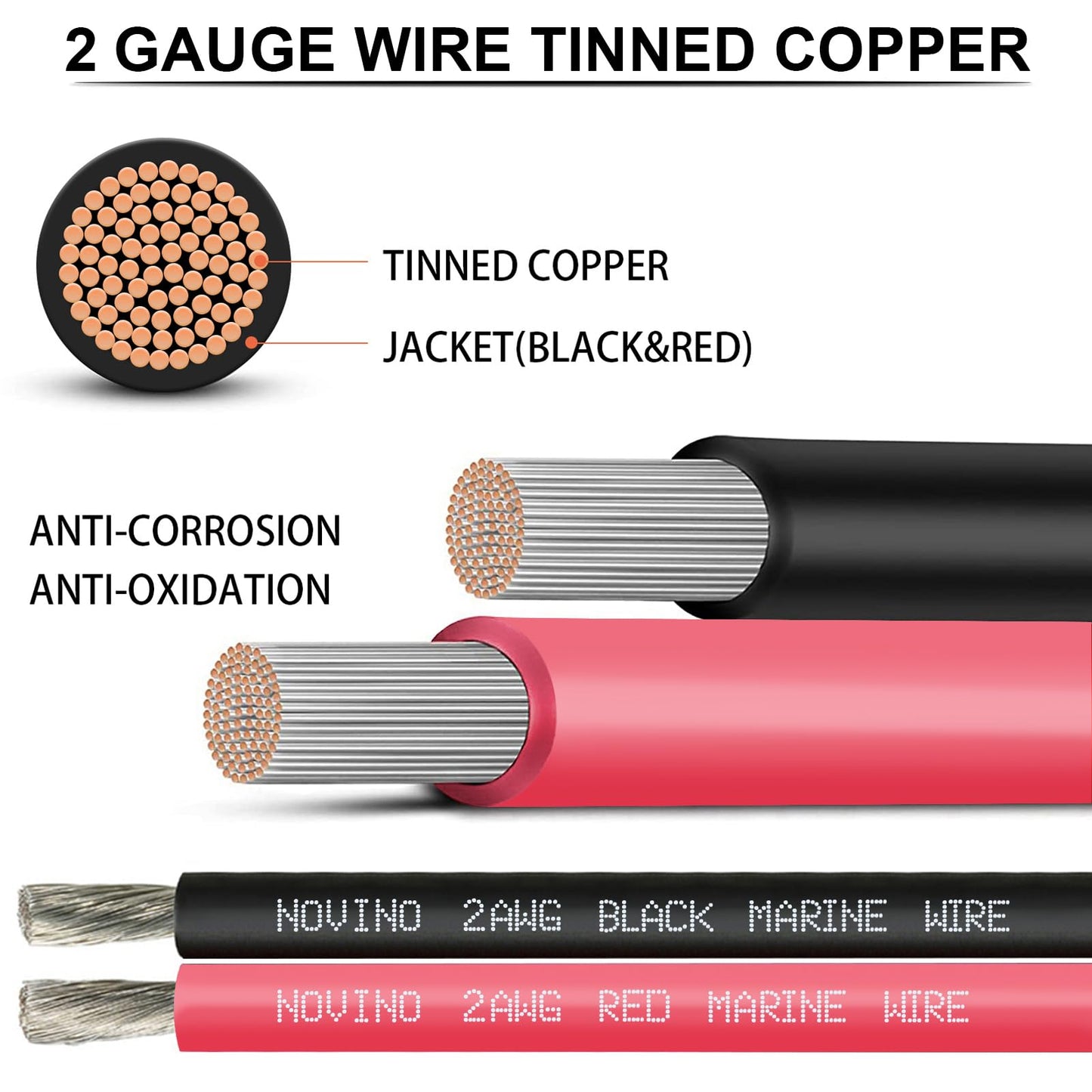 2 Gauge Marine Wire Include 2AWG 5FT Red & 5FT Black,2 Gauge Marine Grade Wire Tinned Copper Boat Cable for Automotive Boat Speakers Lighting Solar Outdoor RV Camper Trailer
