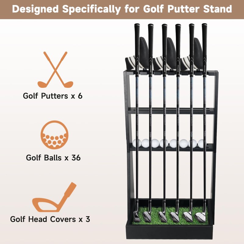 Alytree Golf Putter Stand, Golf Club Holder for 36 Balls Tray Storage & 6 Clubs & 3 Head Covers, Display Rack Organizer for Home Indoor Outdoor Office