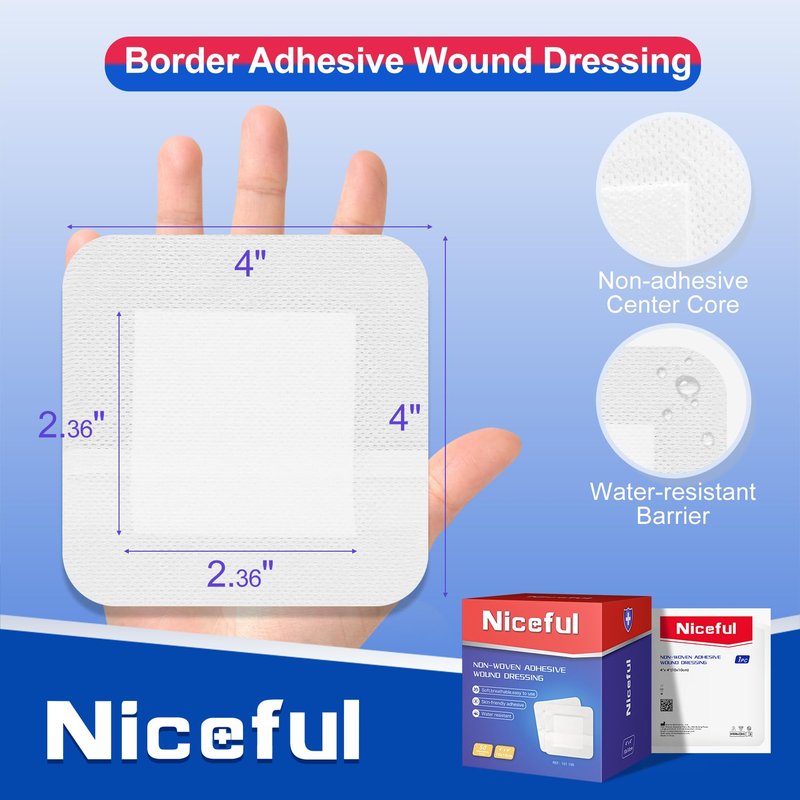 Niceful 50 Count Adhesive Gauze Island Dressing 4" x 4", Water-Resistant Wound Dressing Bandages, Sterile & Absorbent Medical Grade Adhesive Pads, First Aid Pads FSA Eligible