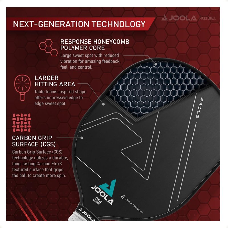 JOOLA Pickleball Paddles – Textured Carbon Grip Surface for Spin, Control & Power – Select Hyperion, Vision or Radius Shapes – Lightweight, Durable Rackets – Polypropylene Core – USAP Approved