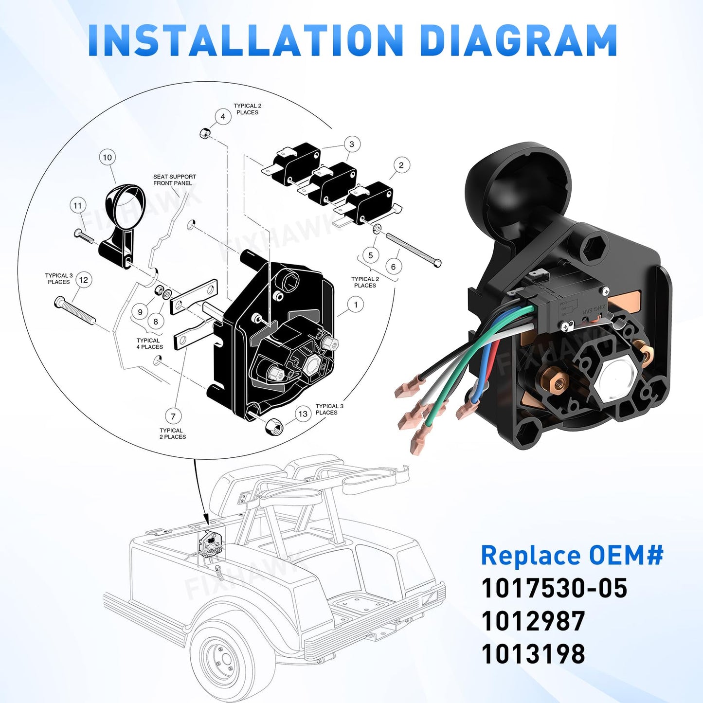 FIXHAWK Club Car DS 48 Volt Forward Reverse Switch Assembly with Handle, Micro Switch for 1996-Up Club Car DS and 2018-UP Tempo Golf Cart. Replaces OEM# 1017530-05 1012987